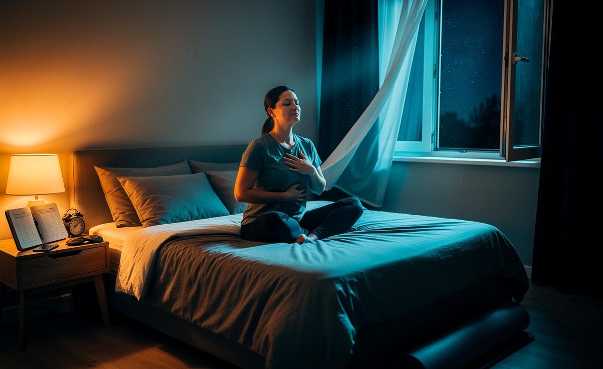 Illustration von einer 10‑minütigen, wissenschaftlich fundierten Schlafroutine mit Atmung, Gedankenprotokoll, gedimmtem Licht und sanfter Dehnung