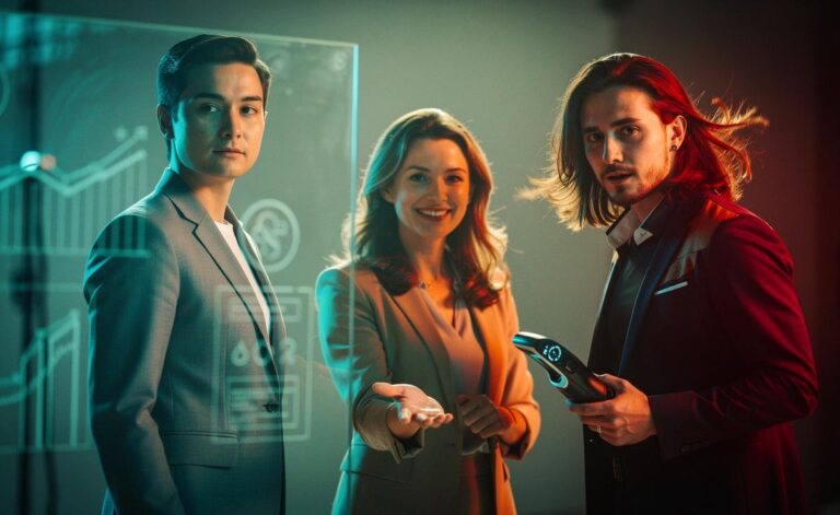 Illustration von drei psychologischen Menschentypen: analytischer Denker, beziehungsorientierte Vermittlerin und risikofreudiger Gestalter