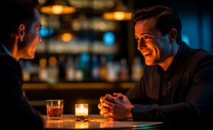 Illustration von zwei Personen im Gespräch, deren wahre Absichten sich in subtilen nonverbalen Signalen wie Körpersprache, Mimik und räumlicher Distanz offenbaren.