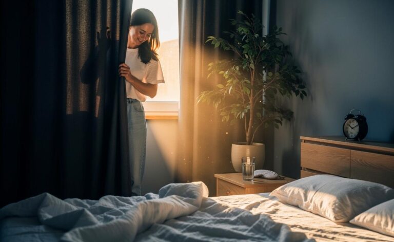 Illustration von einem erholten Morgen nach Schlafoptimierung: Person öffnet die Vorhänge, helles Tageslicht im aufgeräumten, kühlen Schlafzimmer, Wasser am Nachttisch und Wecker außer Reichweite