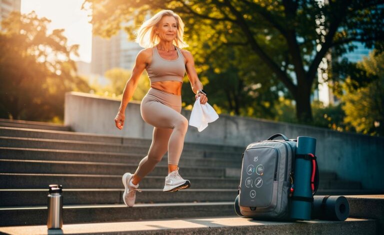 Illustration von schneller Fitness ab 50 mit kurzen Intervallen, alltagsnahen Kraftübungen, Mobilität und kluger Erholung