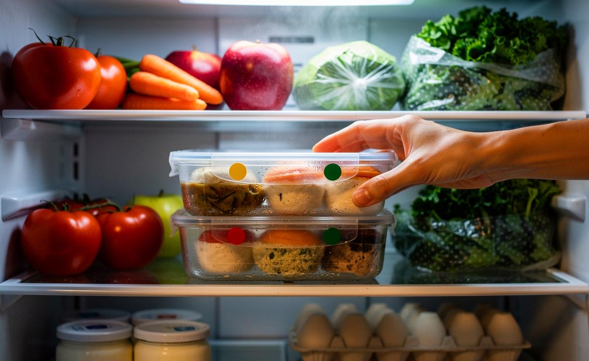 Illustration von einer sichtbaren Restebox im Kühlschrank und einem Einkaufszettel zur Vermeidung von Lebensmittelverschwendung