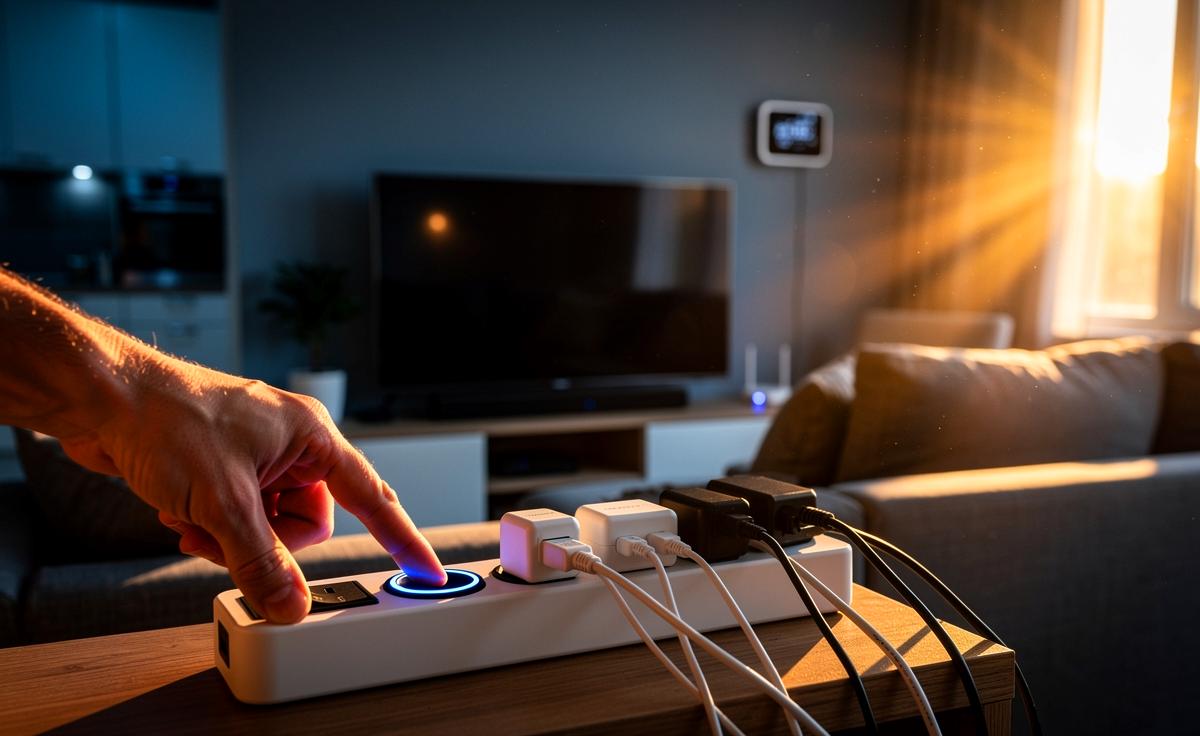 Illustration von der Senkung der Stromkosten im Alltag durch Reduktion der Grundlast mit schaltbarer Steckdosenleiste, Smart‑Steckdose und Messung am Stromzähler