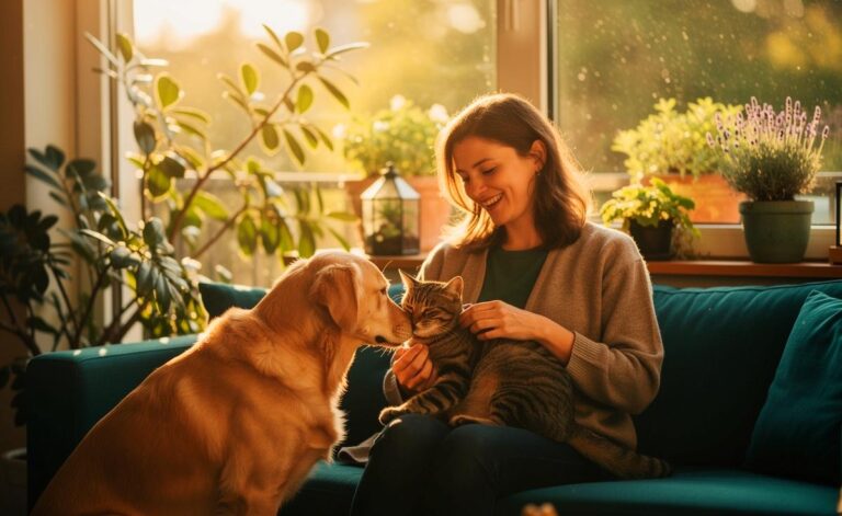 Illustration von [Mensch, der im achtsamen Kontakt mit Hund oder Katze sichtbar lächelt; kleine Rituale und Naturbeobachtung als Quelle tierischen Glücks]