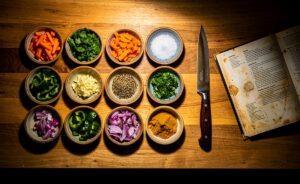 Illustration von geordneten Zutaten in kleinen Schälchen, einem scharfen Messer und einem offenen Kochbuch auf einer sauberen Küchenarbeitsfläche, die das Prinzip der Mise en place verkörpern.