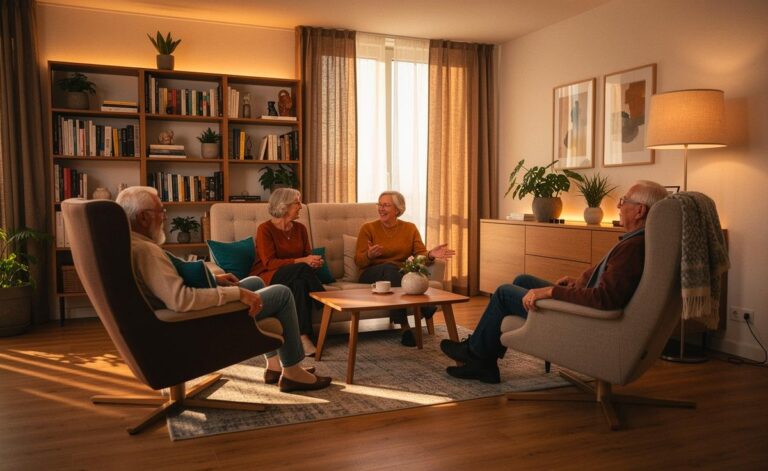 Illustration von einem kleinen, barrierearmen Wohnzimmer für gesellige Treffen ab 65: Sitzkreis, warmes LED-Licht, rutschfester Teppich, kontrastreiche Gestaltung und freie Laufwege.