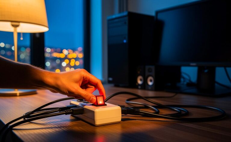 Illustration von einem ausgeschalteten Computer mit Netztrennung über eine schaltbare Steckdosenleiste und einer Stromrechnung mit 12 % Ersparnis