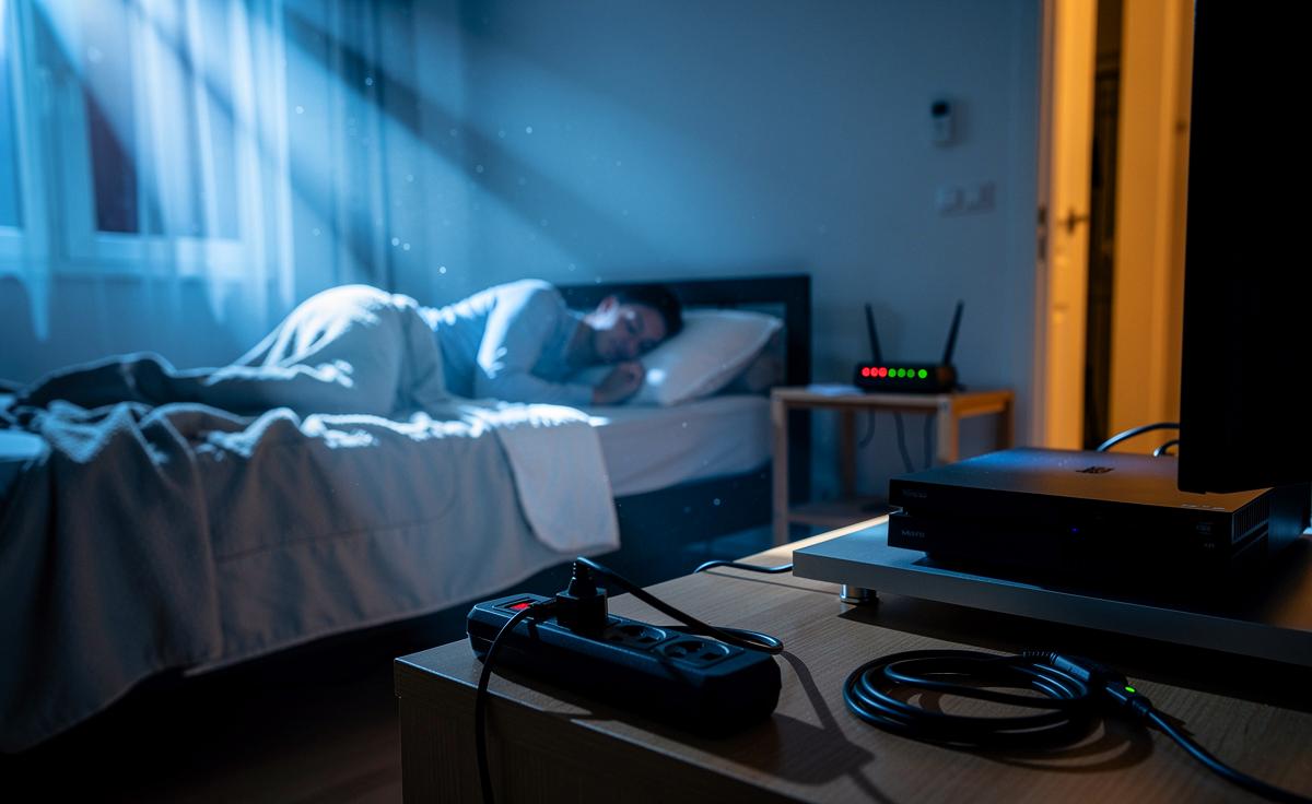 Illustration von nächtlicher Abschaltung von Elektrogeräten zur Senkung der Stromkosten und zur Verbesserung der Schlafqualität