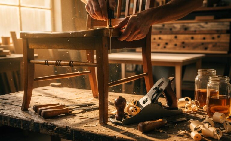 Illustration von einem Möbelexperten in der Werkstatt, der einen alten Massivholzstuhl repariert; ein LCA‑Diagramm mit CO₂‑Bilanz verdeutlicht die Nachhaltigkeitsvorteile gegenüber dem Neukauf