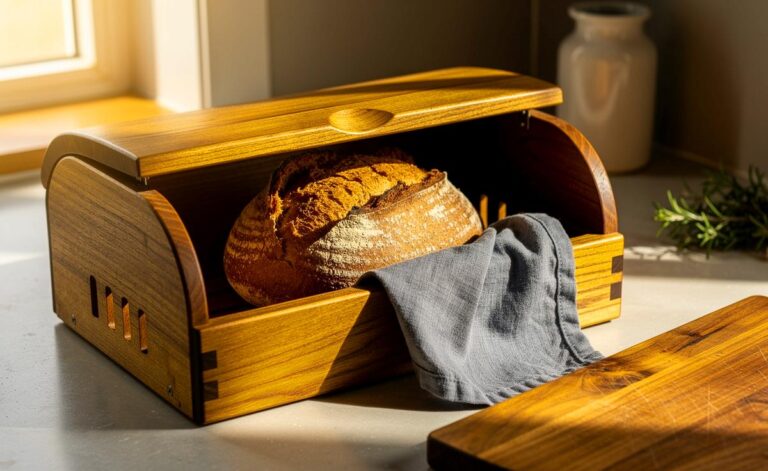 Illustration von einem Brotkasten mit feuchtem Tuch zur natürlichen Verlängerung der Haltbarkeit von Brot