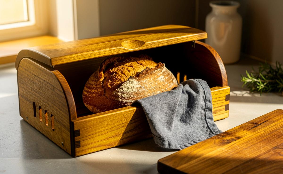 Illustration von einem Brotkasten mit feuchtem Tuch zur natürlichen Verlängerung der Haltbarkeit von Brot