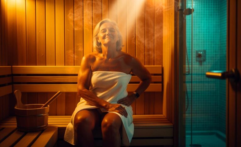 Illustration von einer Person ab 50 in einer Heimsauna zur Entlastung der Gelenke