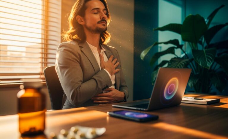 Illustration von Psychologen, die bei Alltagsstress kurze Achtsamkeitsübungen statt Tabletten empfehlen