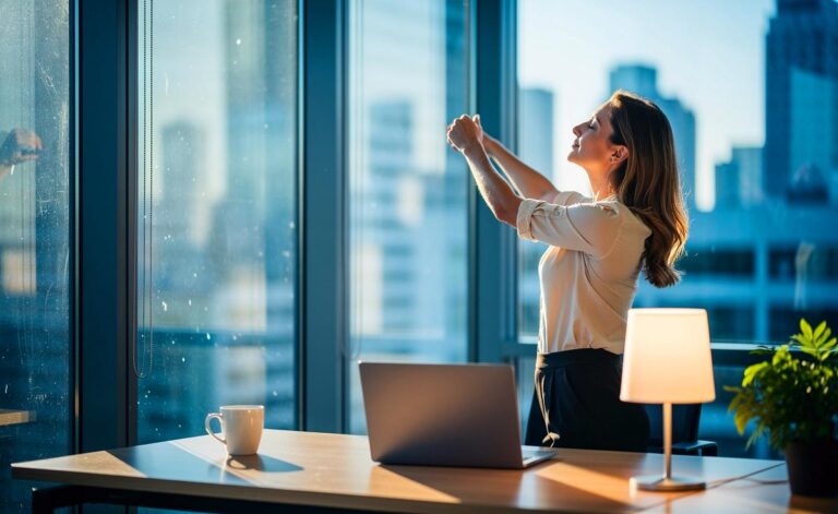 Illustration von [einer Lichtpause am Bürofenster statt Kaffee bei leichter Müdigkeit]