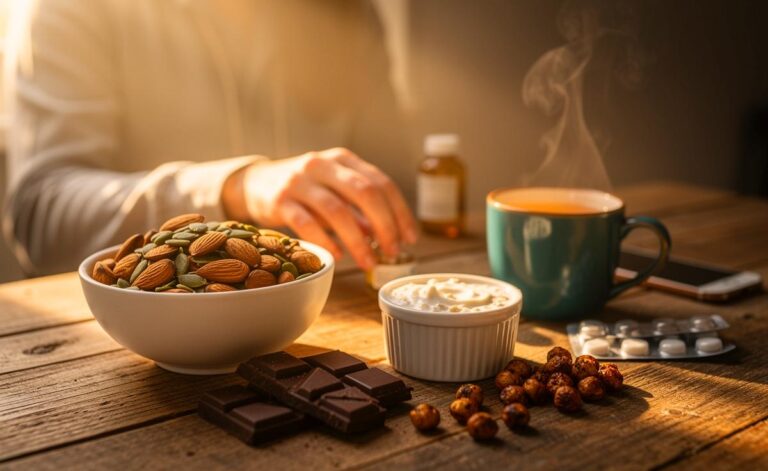 Illustration von Psychologen, die bei leichter Reizbarkeit magnesiumreiche Snacks wie Mandeln, Kürbiskerne und dunkle Schokolade statt Tabletten empfehlen