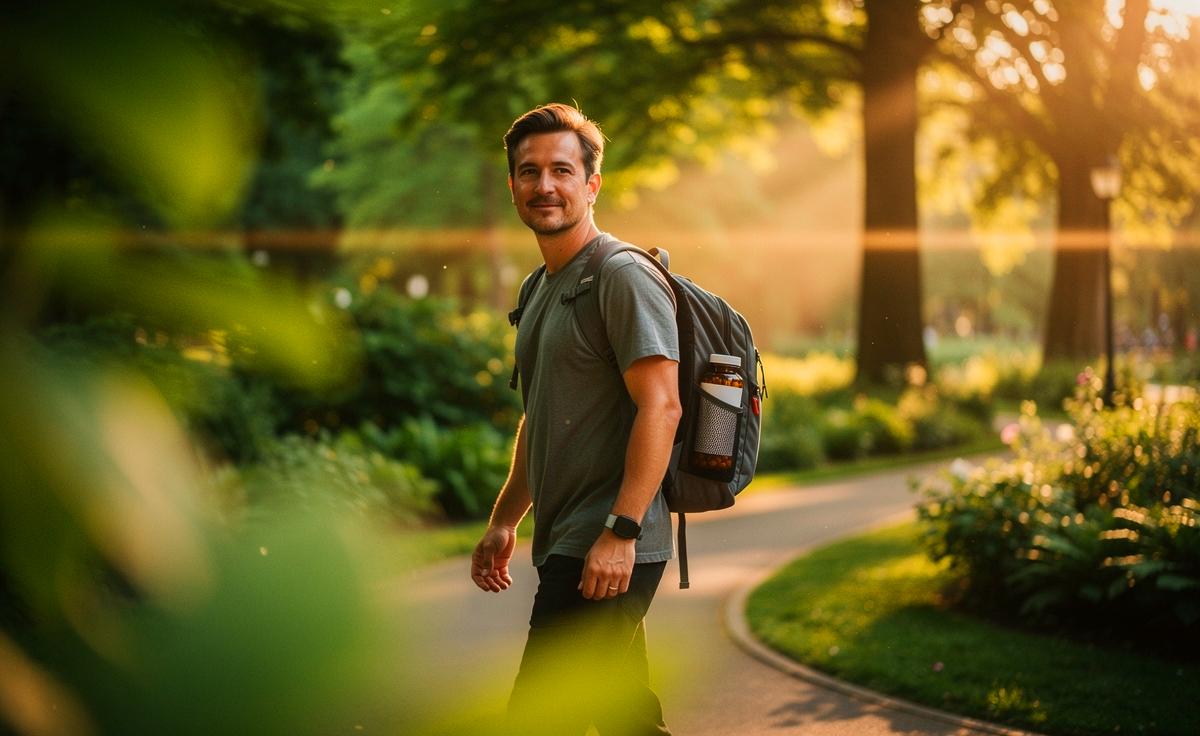 Illustration von einem entspannten Spaziergang im Grünen als Erstmaßnahme bei leichter Reizbarkeit statt Medikamenten