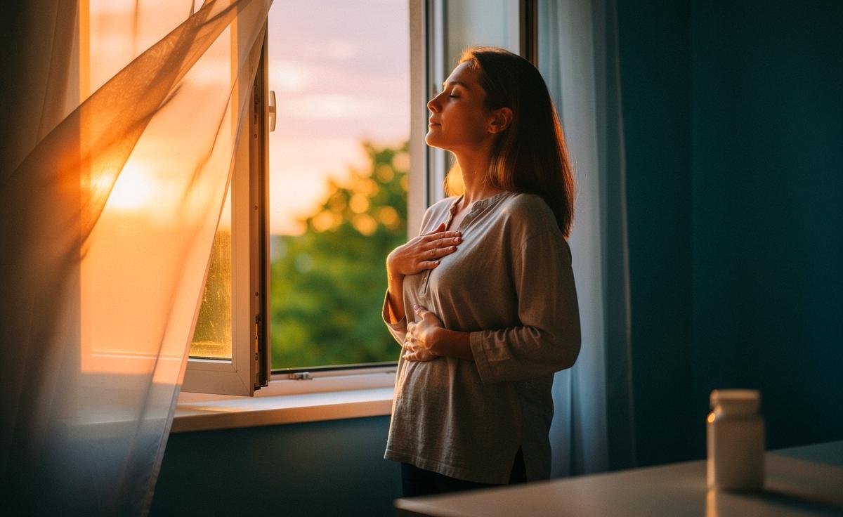 Illustration von einer Person, die am offenen Fenster eine beruhigende Atemübung gegen Stress ausführt, als nichtmedikamentöse Alternative zu Medikamenten