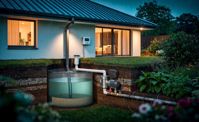 Illustration von einem Regenwasserauffangsystem mit Dachentwässerung, Filtration, Zisterne und Pumpe zur Senkung der Wasserrechnung