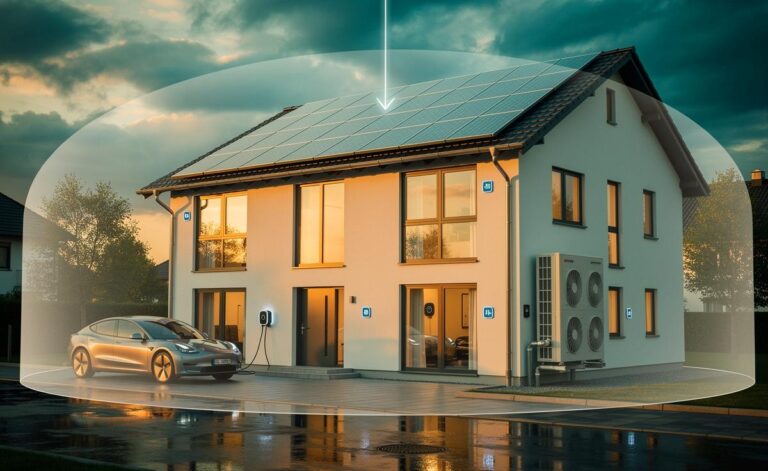 Illustration von [einem energieeffizienten Haus mit Photovoltaikanlage, Wärmepumpe und Smart‑Home‑Sensorik, flankiert von EU‑Taxonomie‑ und ESG‑Symbolen sowie einer fallenden Prämienkurve für 2025]